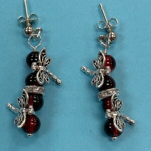 Elegant Silver & Crimson Dragonfly Earrings w/Moving Parts, Handmade! New!